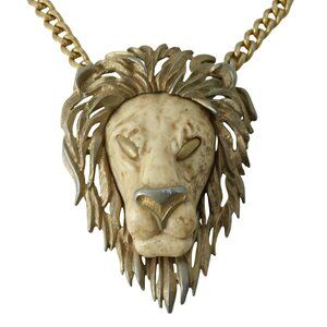 Luca Razza Lion Head Necklace Large Gold Tone Statement Pendant Vintage 70s